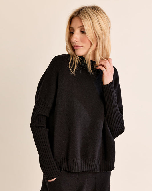 Rib Trim Mock Neck Sweater in Black