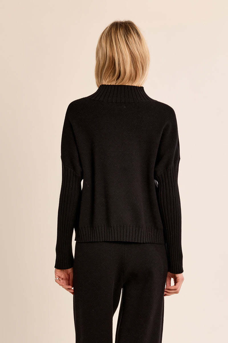 Rib Trim Mock Neck Sweater in Black