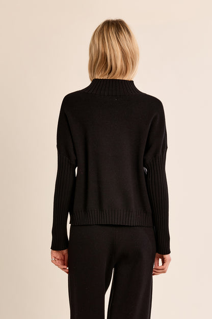 Rib Trim Mock Neck Sweater in Black