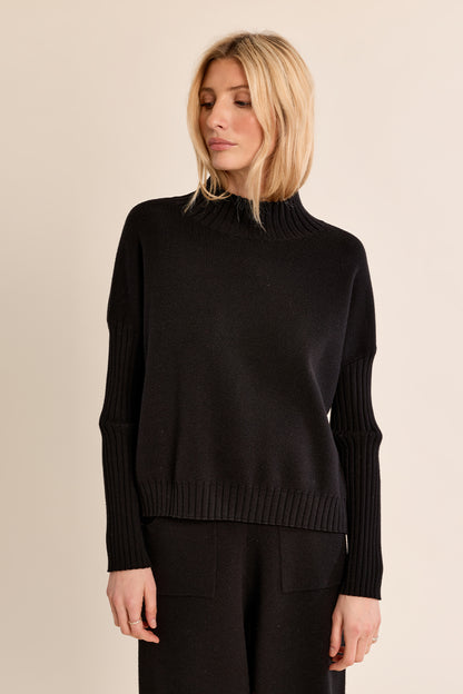 Rib Trim Mock Neck Sweater in Black