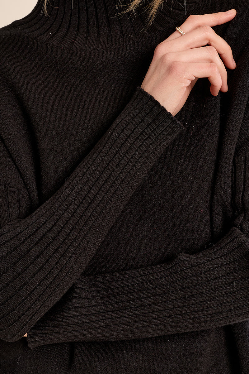 Rib Trim Mock Neck Sweater in Black