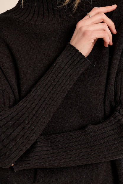 Rib Trim Mock Neck Sweater in Black