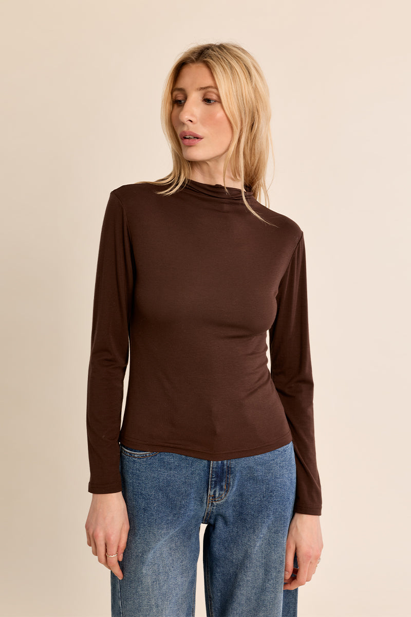 Knit Mock Neck Top in Chocolate