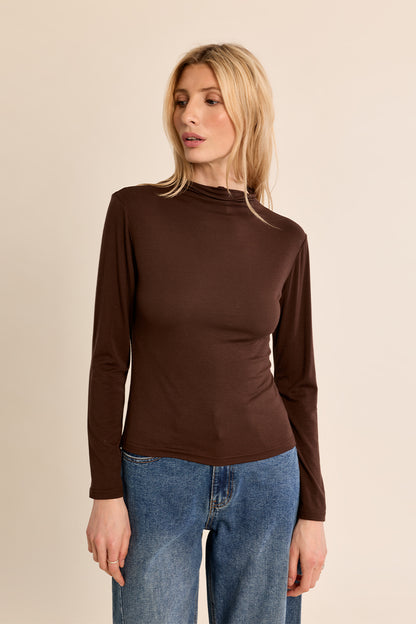 Knit Mock Neck Top in Chocolate