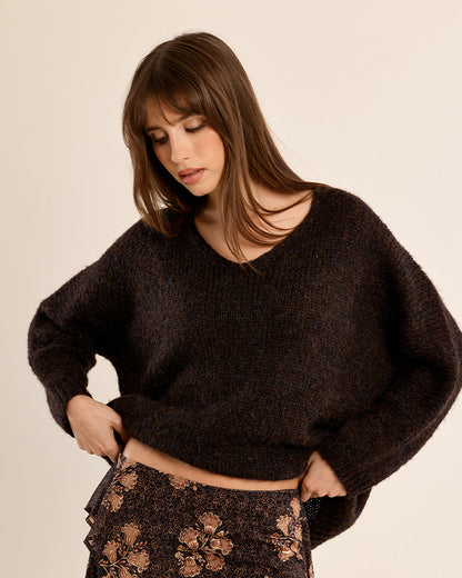 Oversized V-Neck Sweater in Chocolate