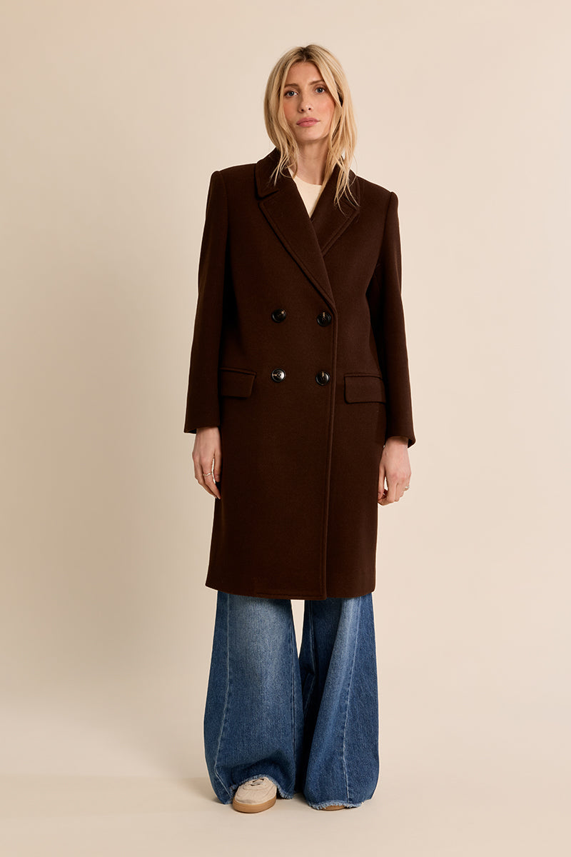 Long Double Breasted Coat in Chcolate