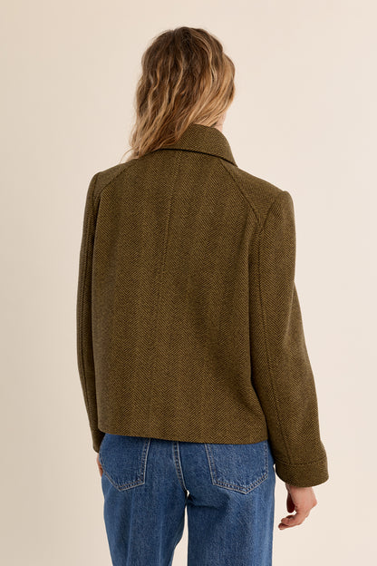 Cropped Herringbone Peacoat in Khaki