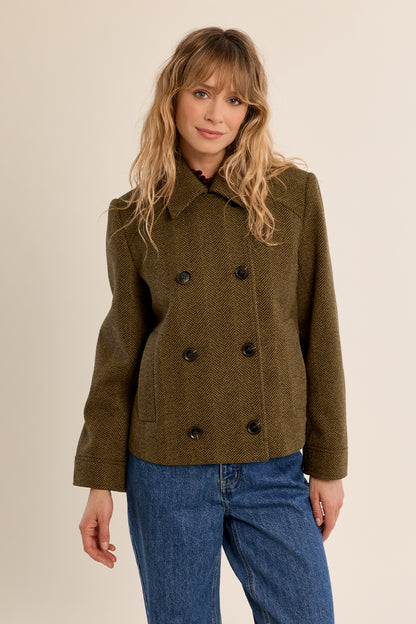 Cropped Herringbone Peacoat in Khaki
