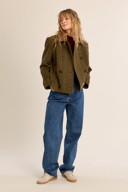 Cropped Herringbone Peacoat in Khaki