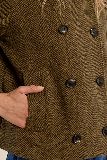 Cropped Herringbone Peacoat in Khaki