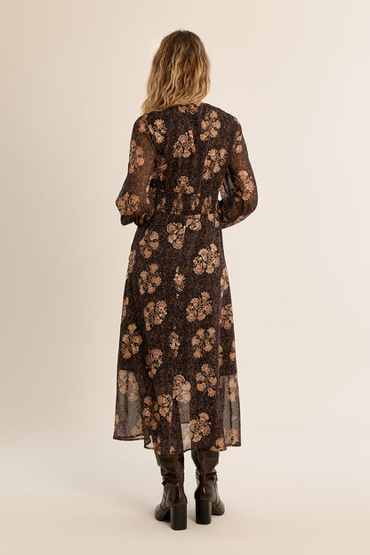 Apolline Midi Dress in Brown & Gold Floral