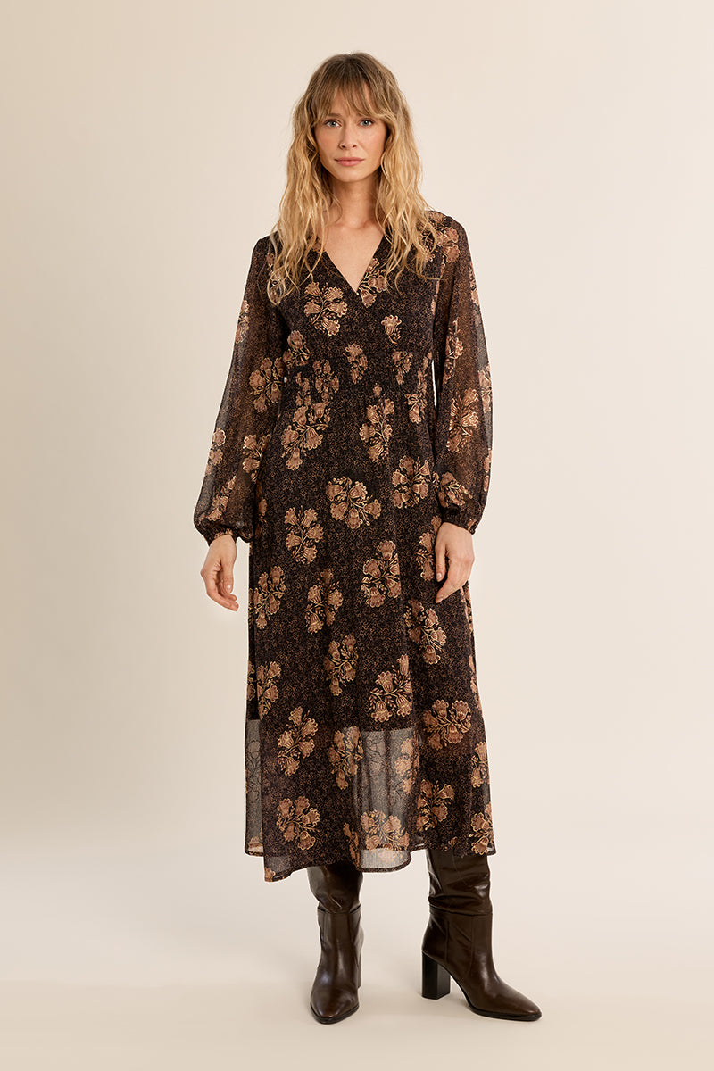 Apolline Midi Dress in Brown & Gold Floral