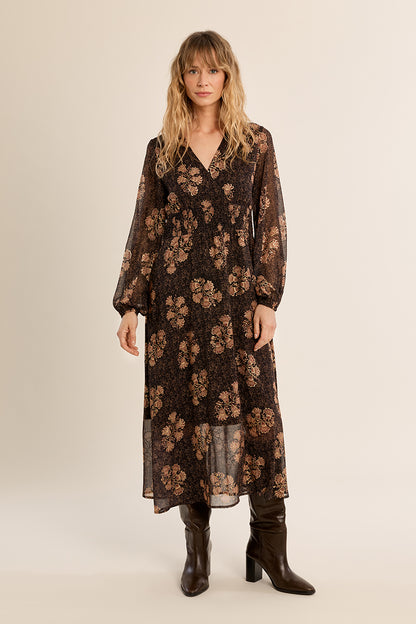 Apolline Midi Dress in Brown & Gold Floral