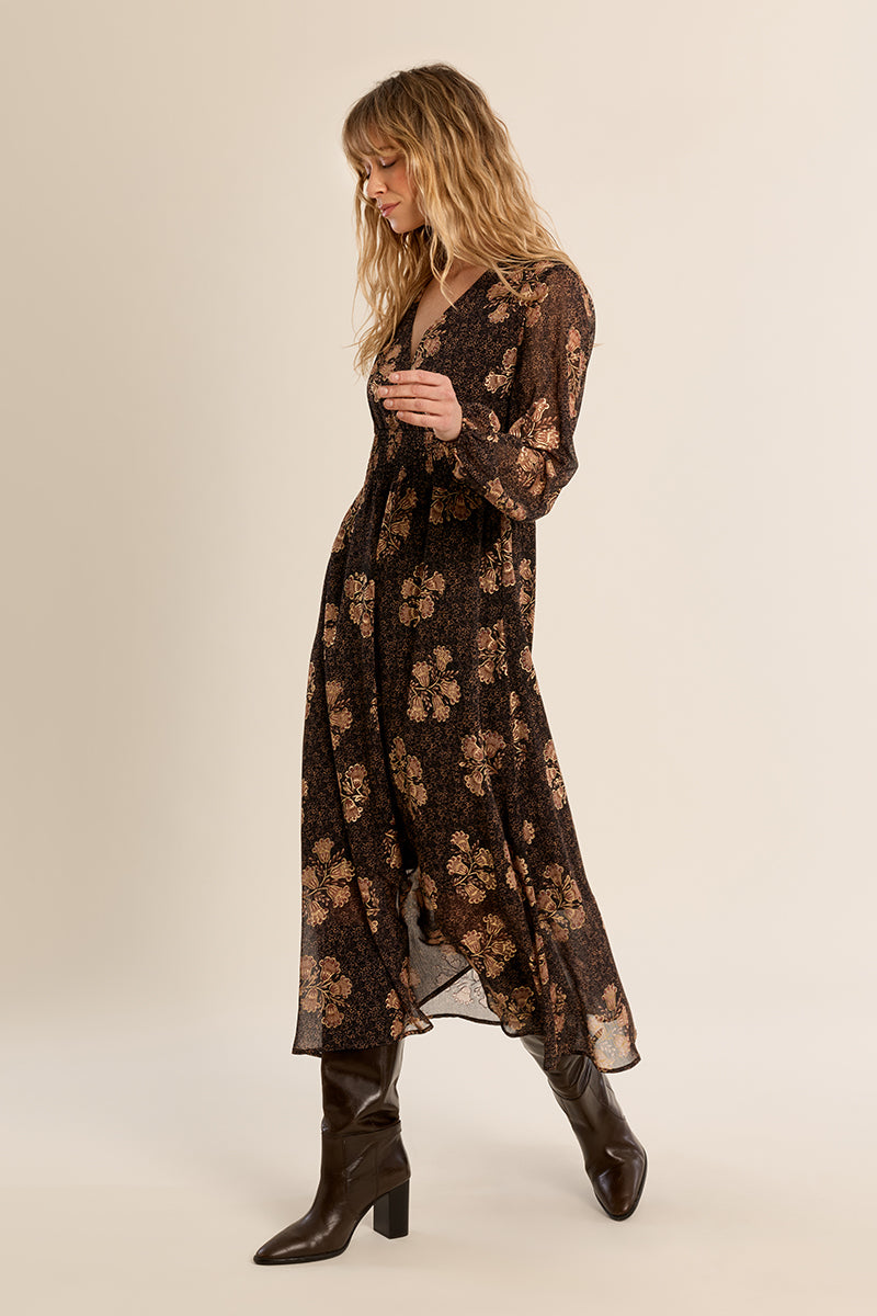 Apolline Midi Dress in Brown & Gold Floral