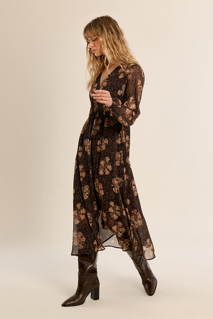 Apolline Midi Dress in Brown & Gold Floral