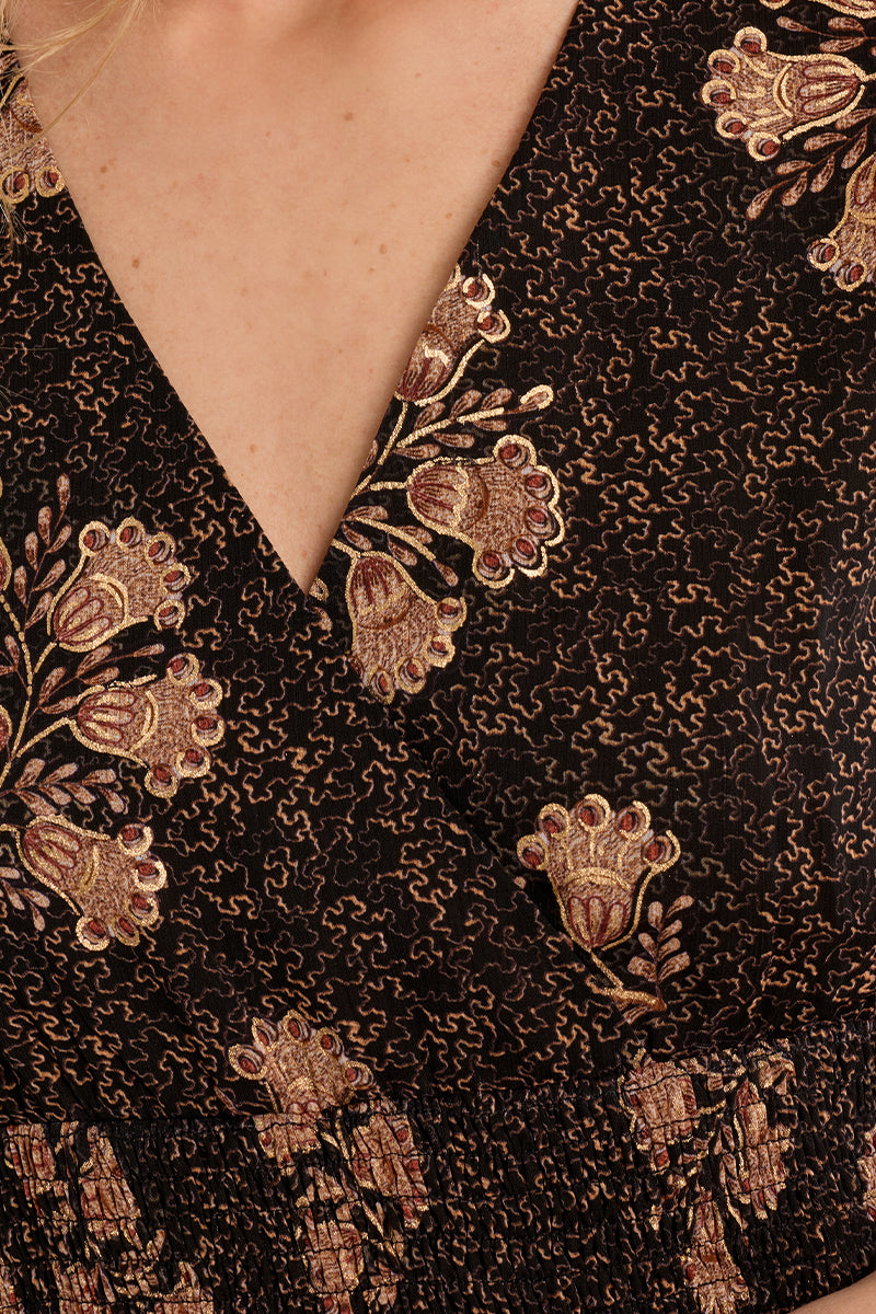 Apolline Midi Dress in Brown & Gold Floral