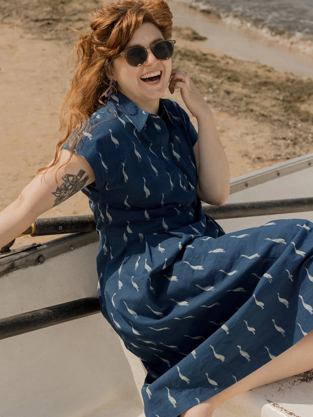 Emily Dress in Indigo Goose Print | Mata Traders