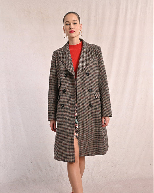 Brown Houndstooth Double Breasted Coat