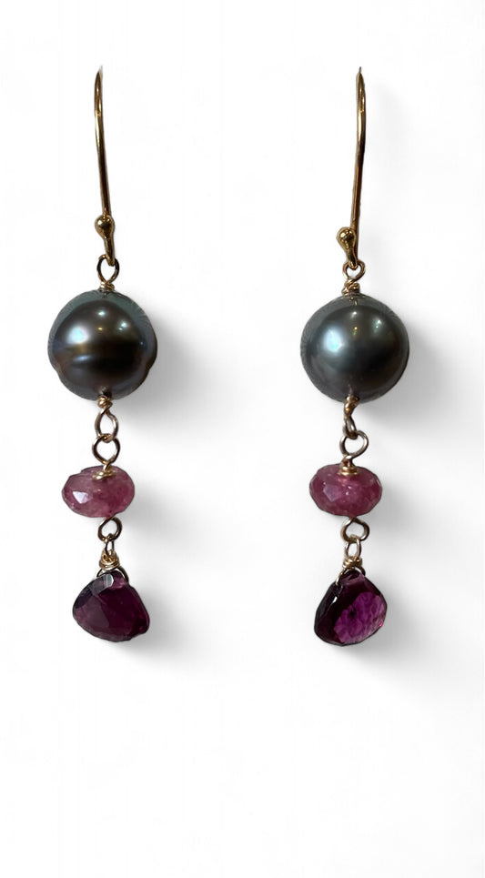 Grey Pearl, Tourmaline, & Garnet Earrings