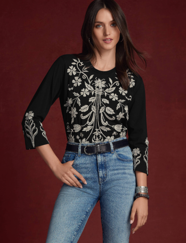 Talithia 3/4 Sleeve Embroidered Top | Johnny Was