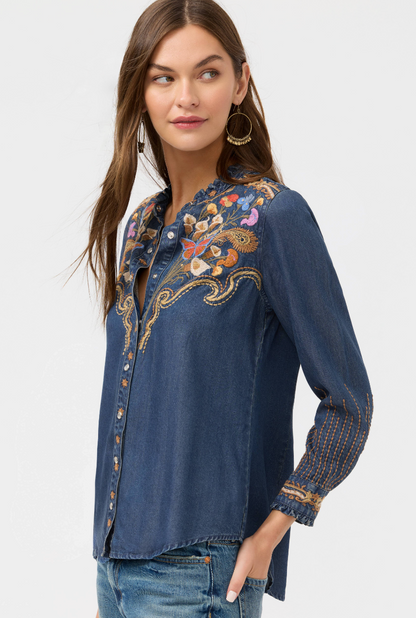 Durago Ruffle Neck Shirt in Denim | Johnny Was
