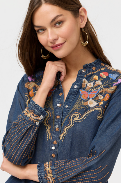 Durago Ruffle Neck Shirt in Denim | Johnny Was