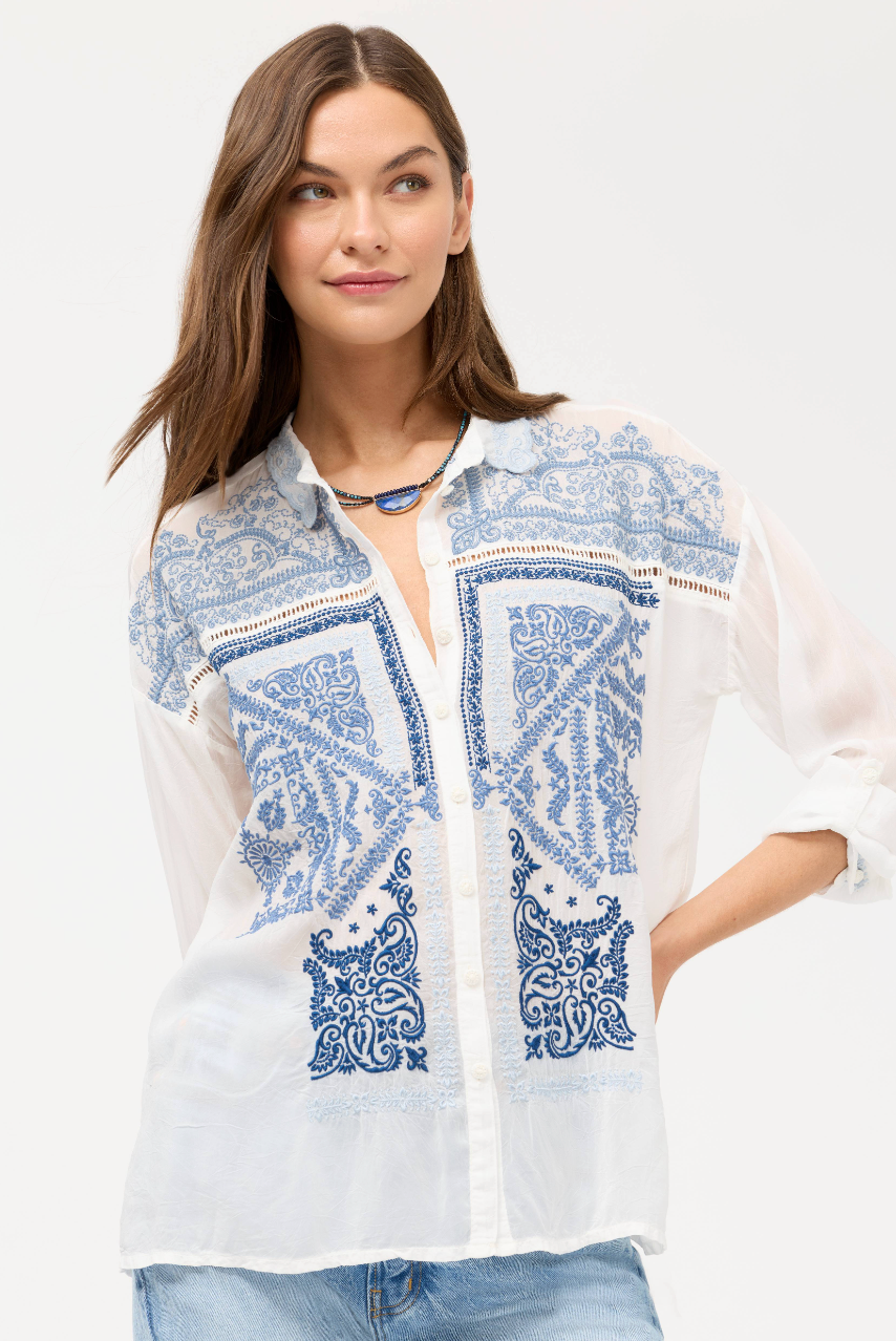 Slim Audrey Collared Shirt in White | Johnny Was