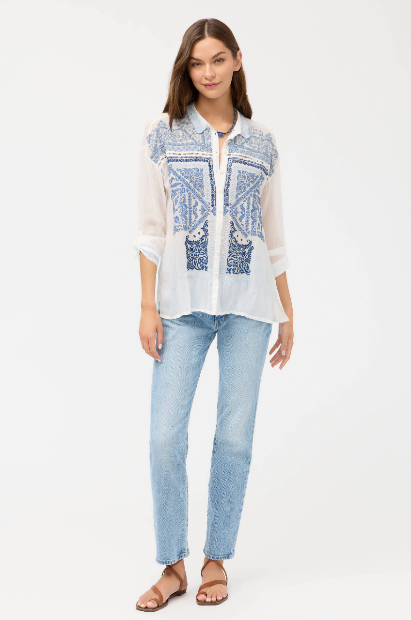 Slim Audrey Collared Shirt in White | Johnny Was