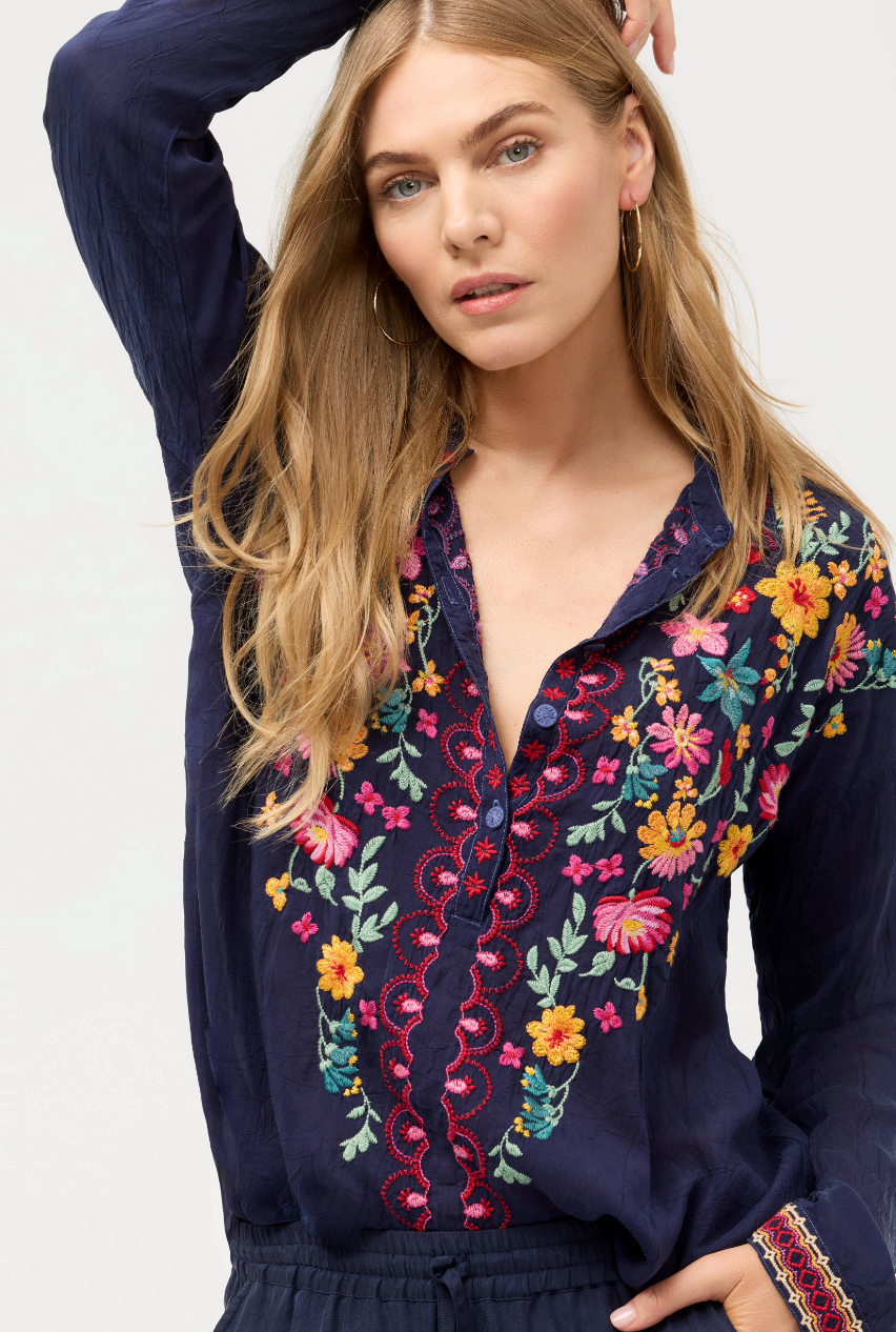 Slim Audrey Collared Shirt in Blue Night | Johnny Was