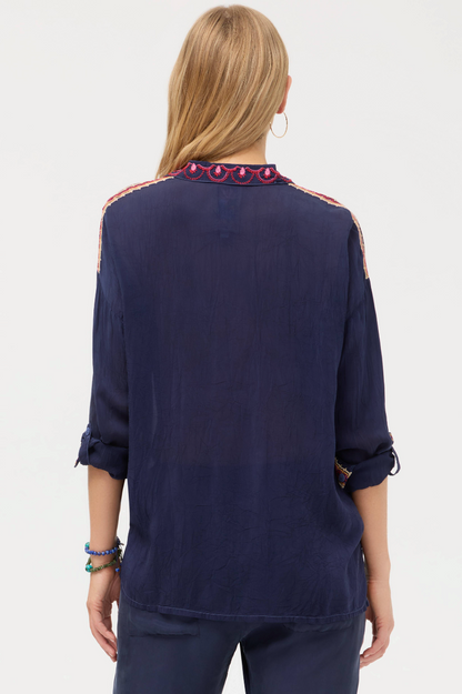 Slim Audrey Collared Shirt in Blue Night | Johnny Was