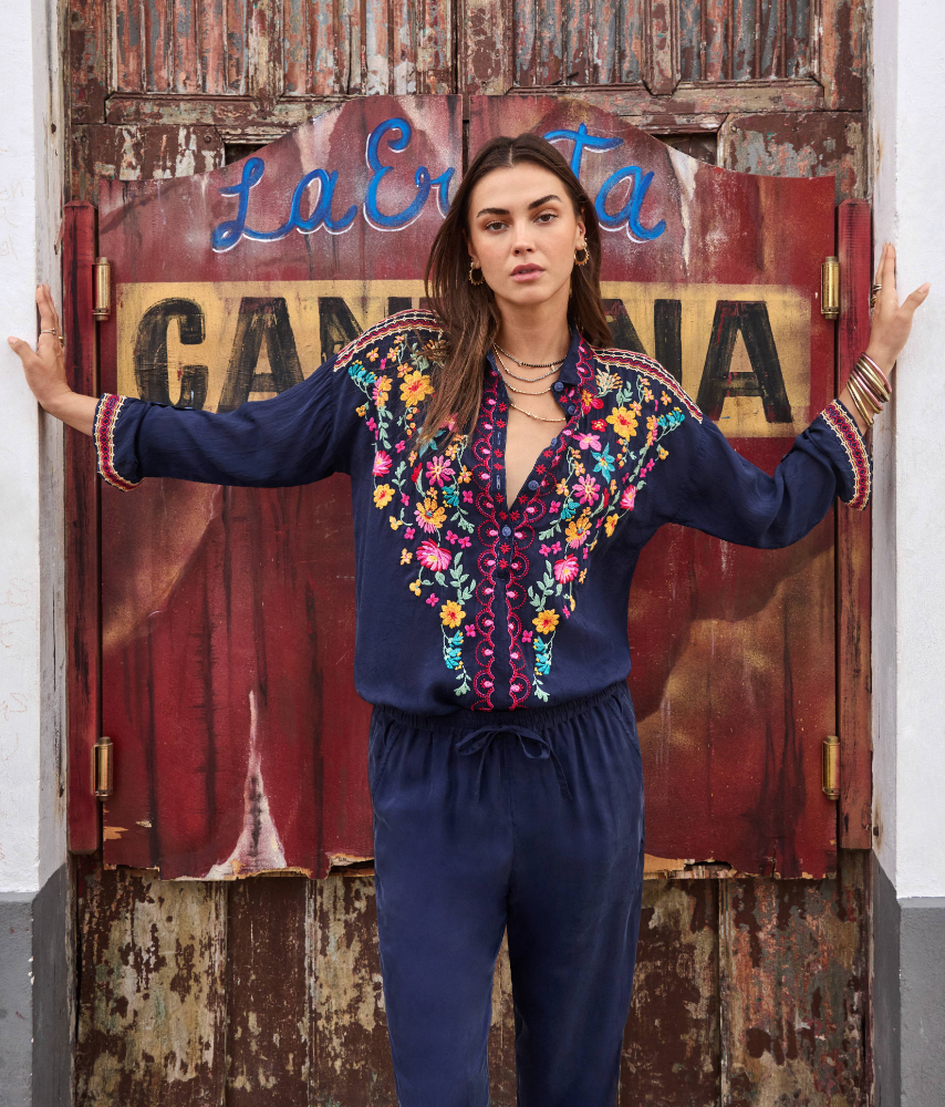 Slim Audrey Collared Shirt in Blue Night | Johnny Was