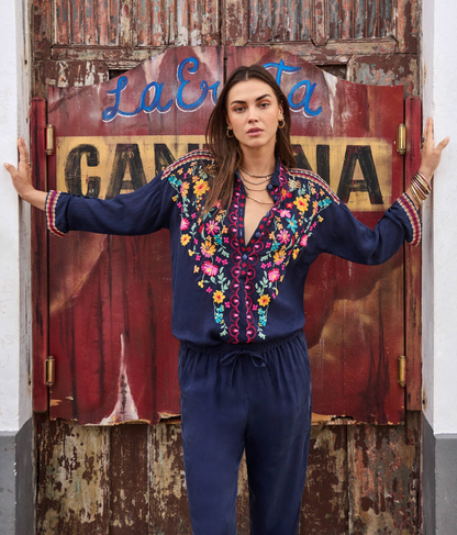 Slim Audrey Collared Shirt in Blue Night | Johnny Was