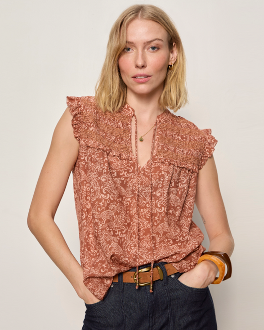 Sleeveless Smocked Blouse in Clay Mosaic | Sanctuary