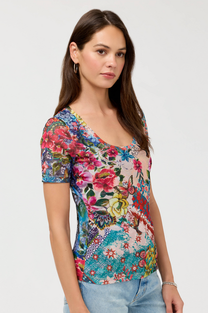 Evie Scoop Neck Mesh Tee | Johnny Was