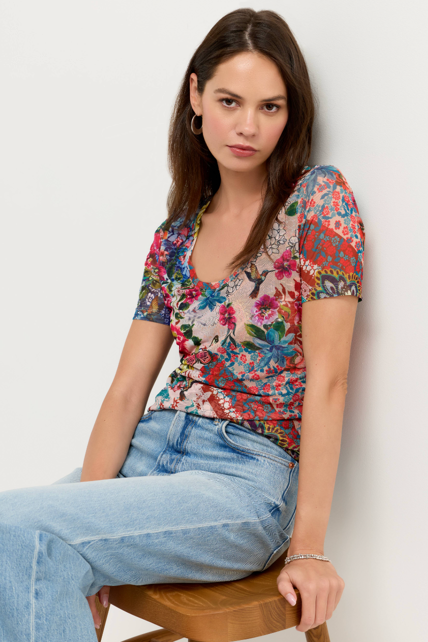 Evie Scoop Neck Mesh Tee | Johnny Was