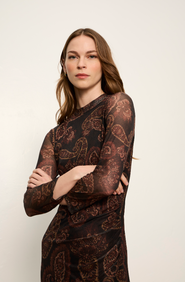 Mesh Long Sleeve Dress in Cocoa Paisley | Sanctuary