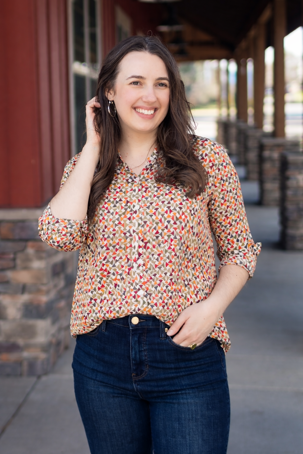 Button-Up Blouse in Multicolor Geo Print | APNY