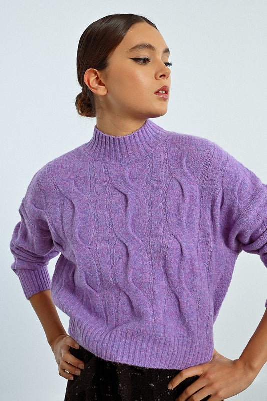Cable Mock Neck Sweater in Lilac