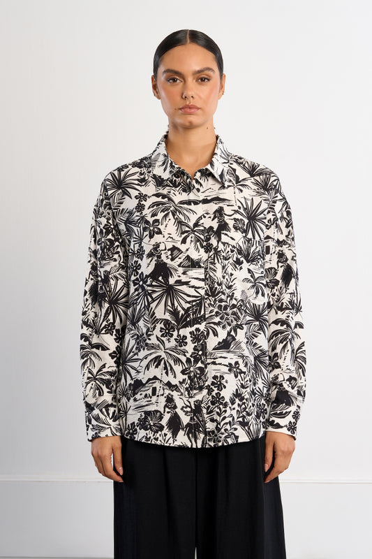 Hawaiian Print Button Down in Black & White