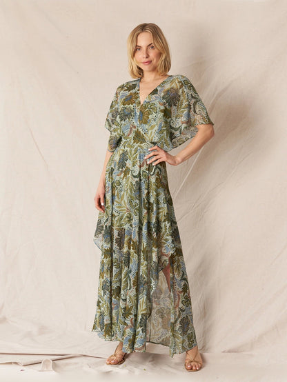 Printed Gauze Maxi Dress in Green