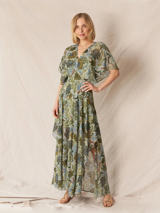 Printed Gauze Maxi Dress in Green