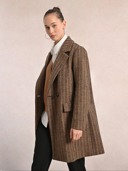 Brown Striped Herringbone Coat