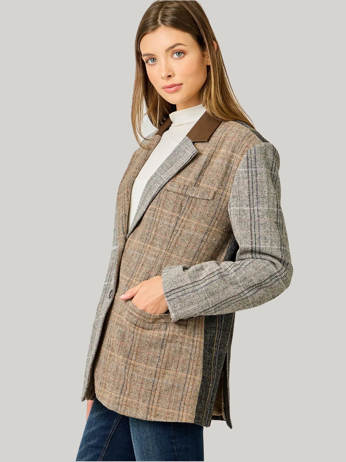 Mixed Plaid Blazer in Latte