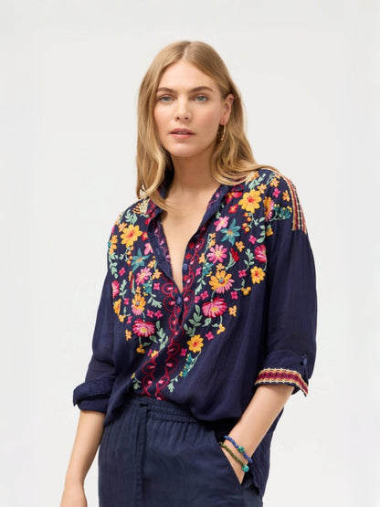 Slim Audrey Collared Shirt in Blue Night | Johnny Was