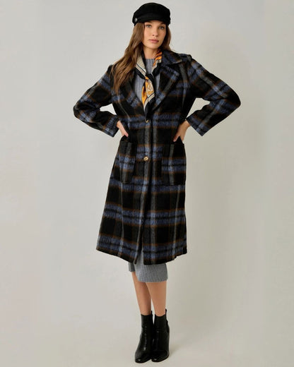 Brushed Plaid Long Coat in Mid Blue