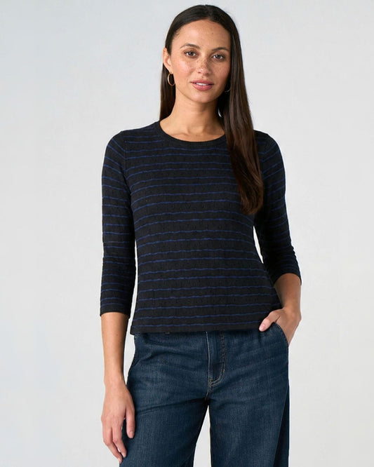 3/4 Sleeve Crew Neck Top in Cobalt Stripes | Liverpool
