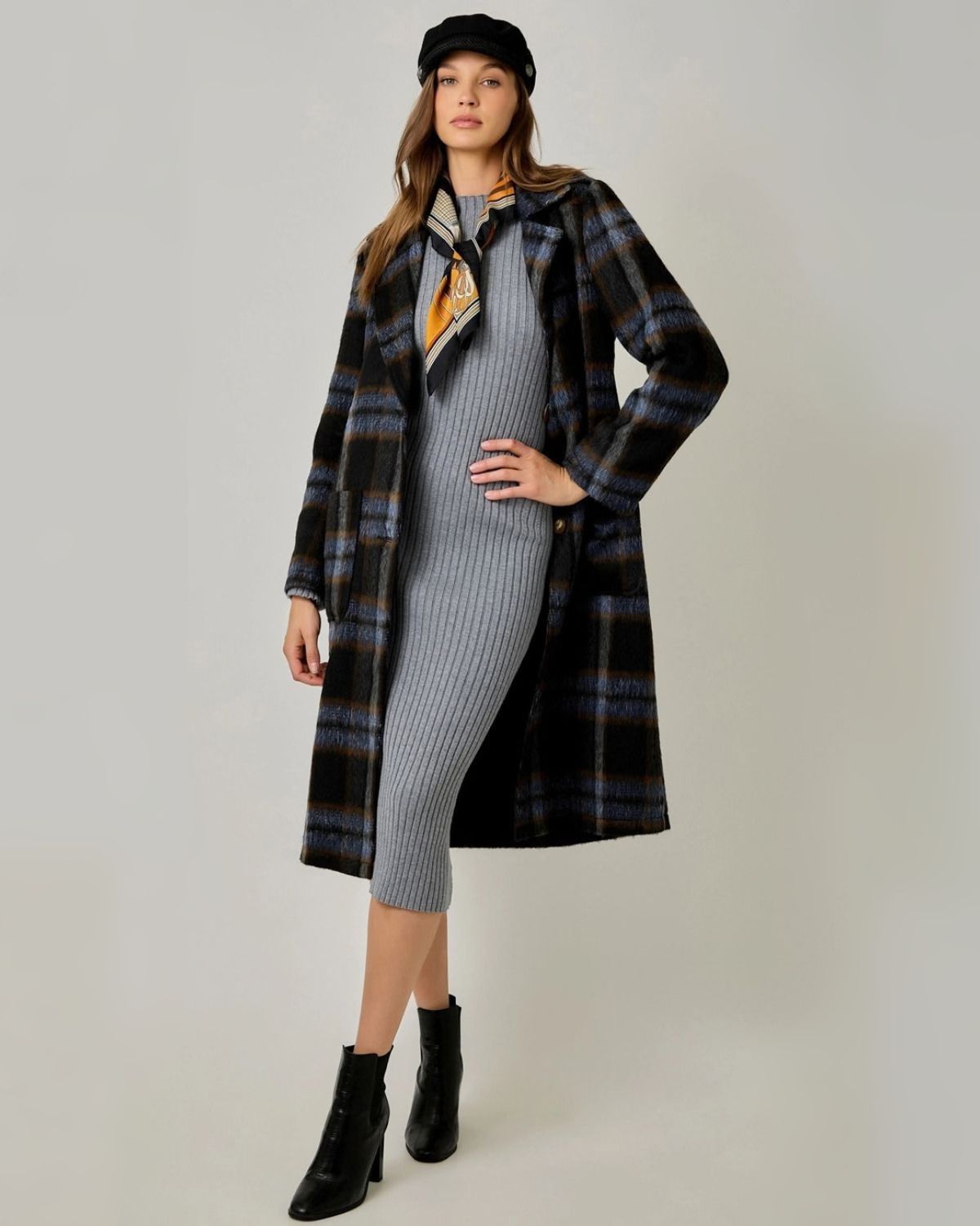 Brushed Plaid Long Coat in Mid Blue