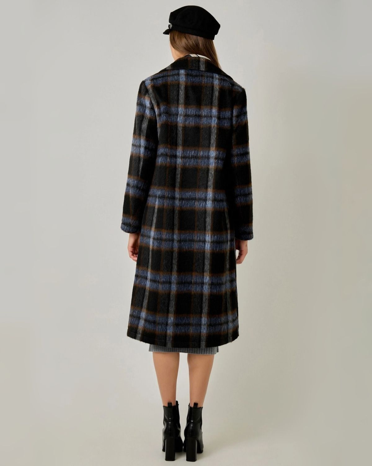 Brushed Plaid Long Coat in Mid Blue