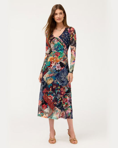 Mesh V-neck Dress in Fabiana Patch | Johnny Was