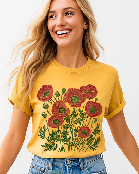 Red Poppies Graphic Tee in Yellow